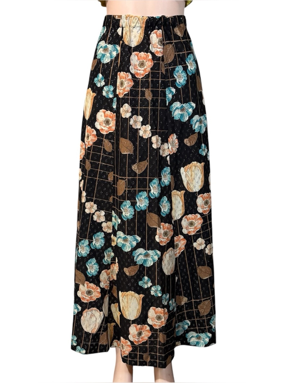 Vtg 70s Floral Sheer Maxi Skirt size S Metallic Boho Whimsigoth